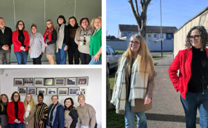 Collage of three photos—two groups of people posing indoors against green and picture-filled walls, and two individuals conversing outdoors near parked cars and a tree-lined street.