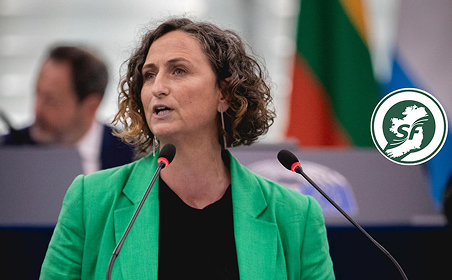 Person in a green blazer speaking at a podium with two microphones, with Sinn Féin logo and colorful flags in the background, suggesting a formal political event.
