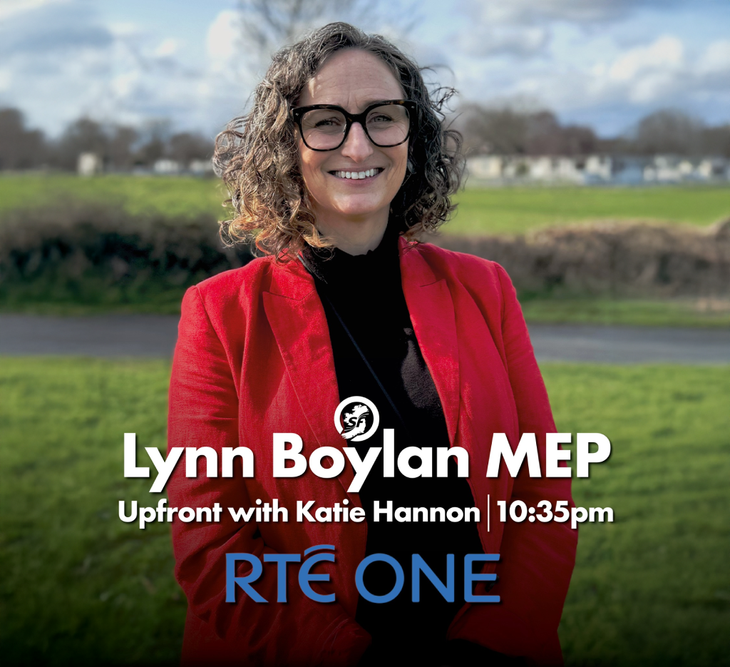 Lynn Boylan, MEP, in a red jacket outdoors; poster promotes her 10:35pm appearance on “Upfront with Katie Hannon” on RTÉ ONE.