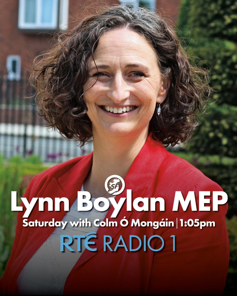Lynn Boylan, MEP, in a red jacket outdoors with greenery and a building behind her; poster promotes a radio interview on RTÉ Radio 1.