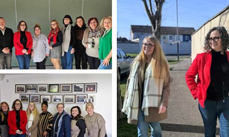 Collage of three photos—two groups of people posing indoors against green and picture-filled walls, and two individuals conversing outdoors near parked cars and a tree-lined street.