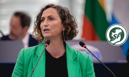 Person in a green blazer speaking at a podium with two microphones, with Sinn Féin logo and colorful flags in the background, suggesting a formal political event.